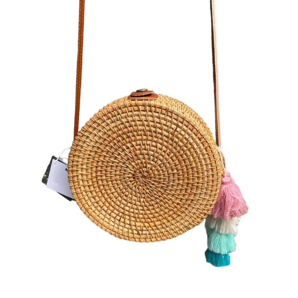 Handwoven Round Rattan Bag Tropical Beach Style Woven Shoulder Leather Strap